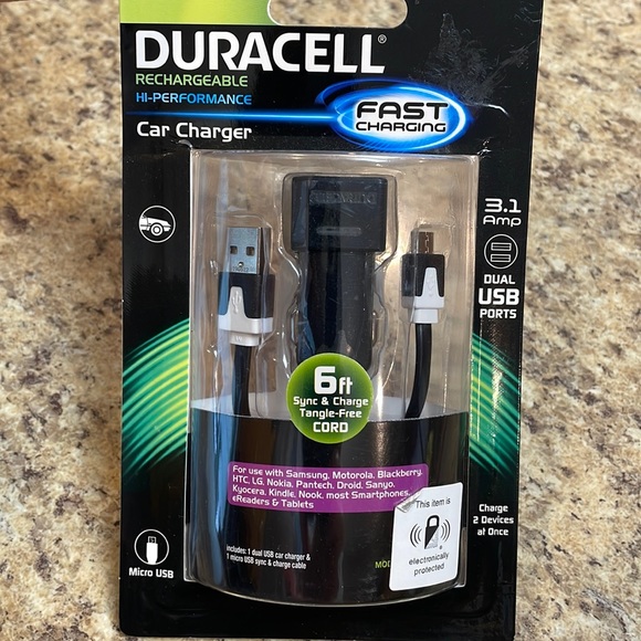 Duracell Hi-Performance Micro USB Car Charger. Dual Ports. 3.1 Amp. 6ft Cord NEW - Picture 1 of 7
